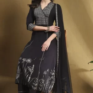 Black Cotton Printed Festive A-Line Suit Set