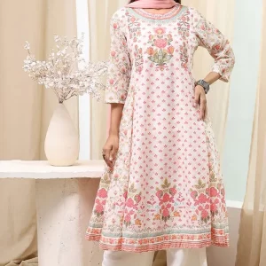 White and Pink Cotton Floral Kalidar Suit Set